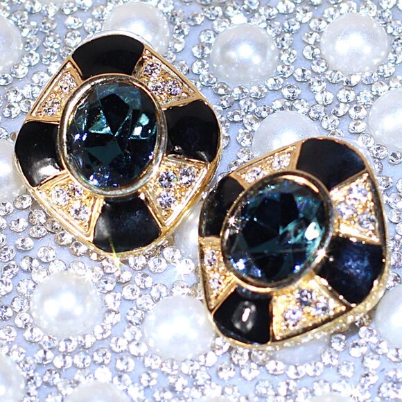 Vintage Gold Tone Earrings with Clear and Blue Rhinestones - Picture 1 of 6